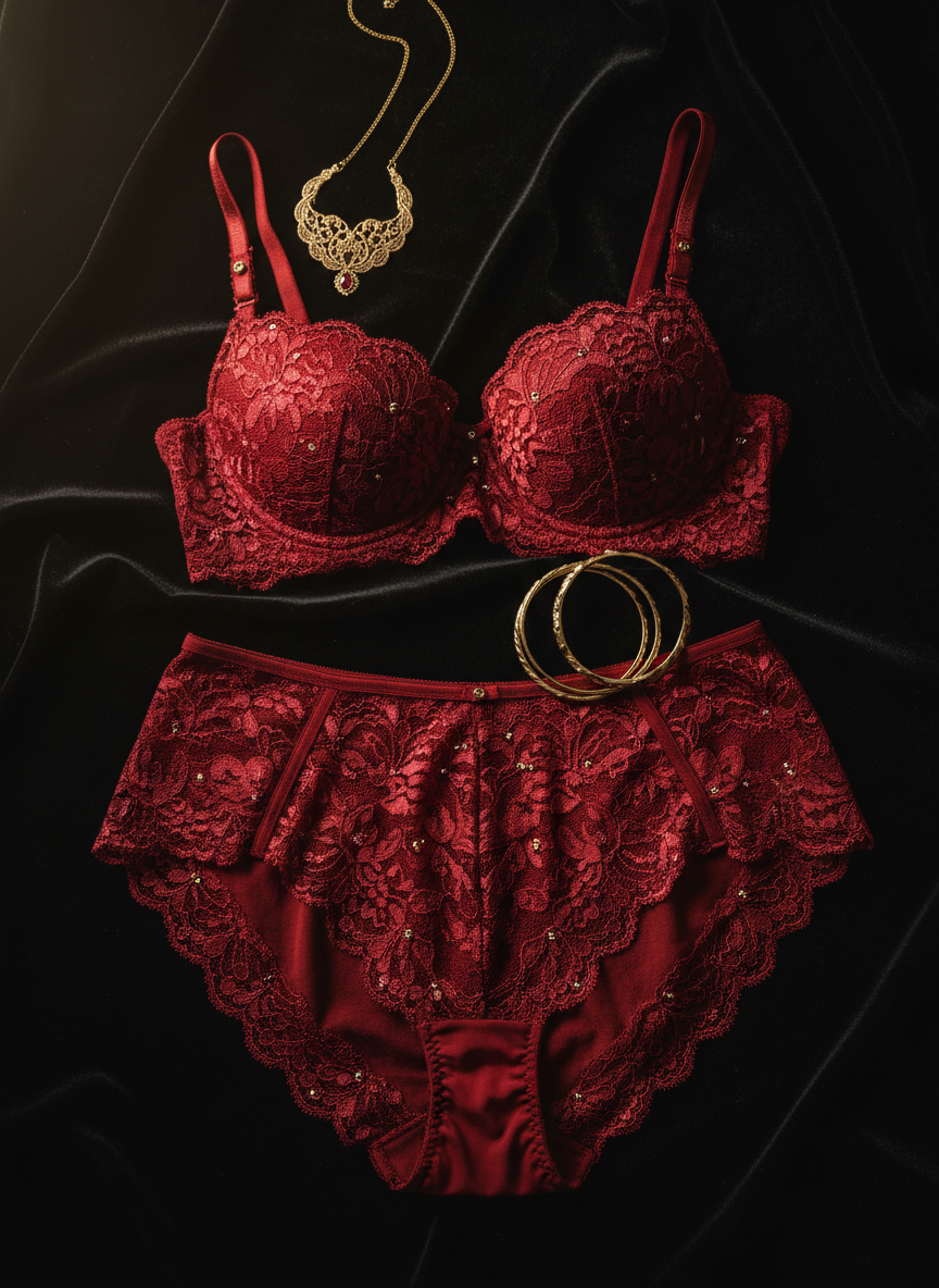 Luxurious red lingerie set with matching bra and panties on dark background